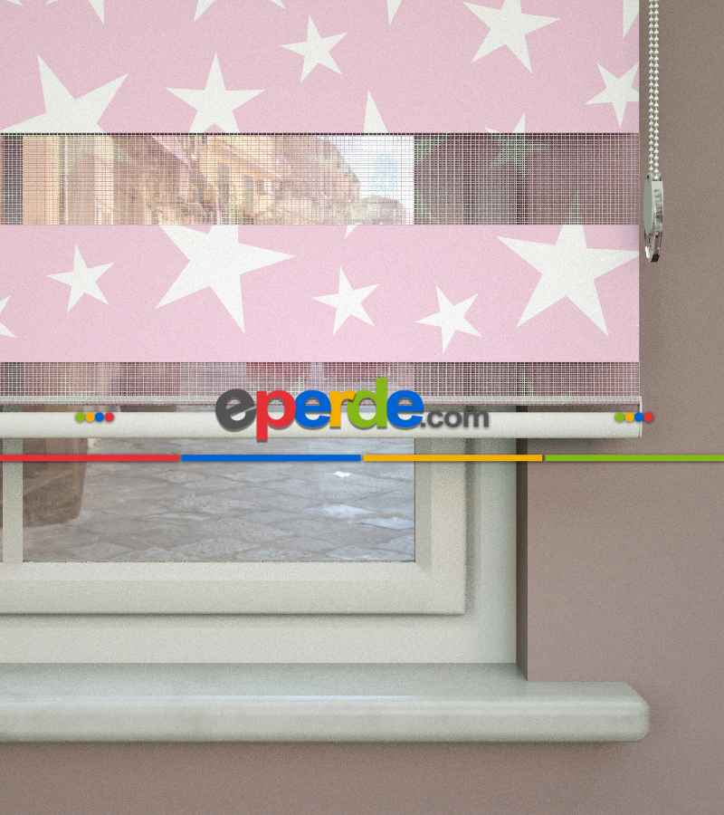 Pembe Yıldız Desenli Baskılı Zebra Perde