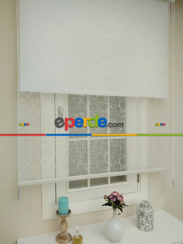 Jakar Örme Tül- Ekru Çiftli Sistem Dantel Desenli Perde- Ekru