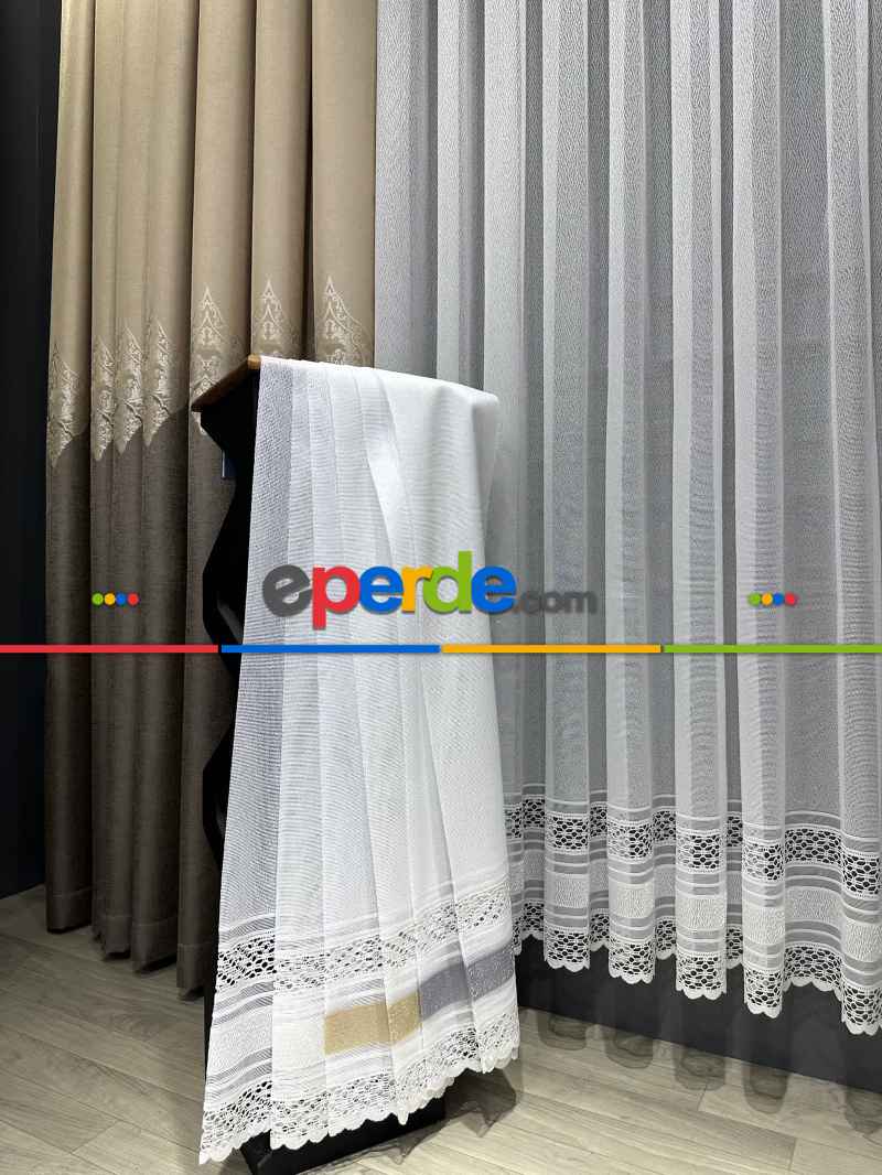 Aplik Örme Tül Perde Tek Kanat - Ekru