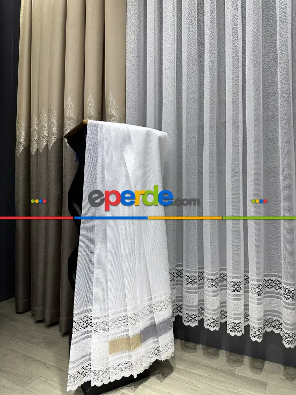 Mutfak Aplik Örme Tül Perde Tek Kanat - Ekru