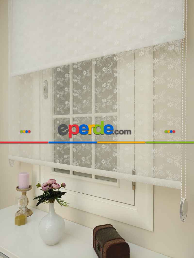 Jakar Örme Tül- Ekru Çiftli Sistem Dantel Desenli Perde- Ekru