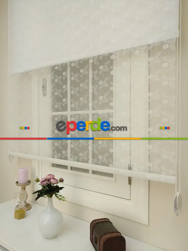 Jakar Örme Tül- Ekru Çiftli Sistem Dantel Desenli Perde- Ekru