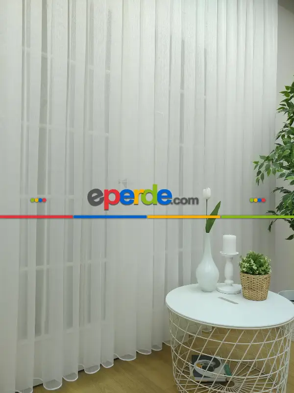 Oturma Odası - Ekru Sık Dokulu Çizgili Modern Düz Tül Perde Ütü İstemez