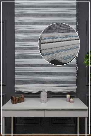 Mavi Krem Gümüş Simli Plise Zebra Perde