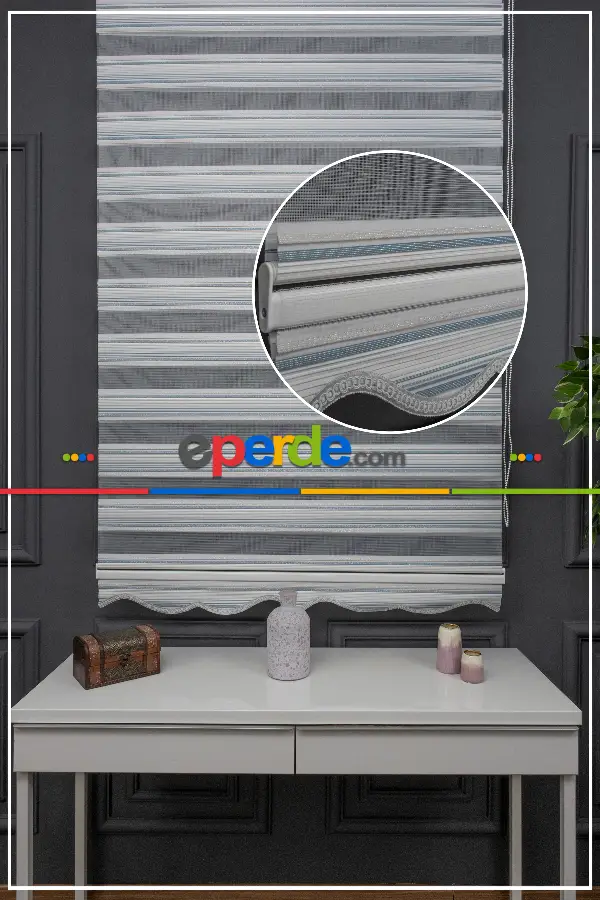 Mavi Krem Gümüş Simli Plise Zebra Perde