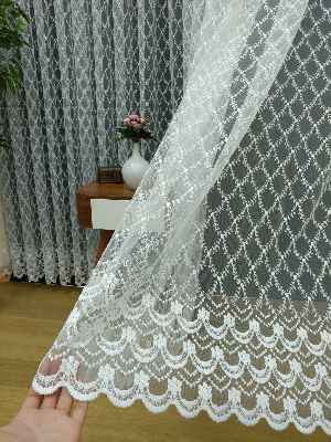 Brode İşlemeli Nakışlı Tül Perde Balık Ağı Desen- Ekru