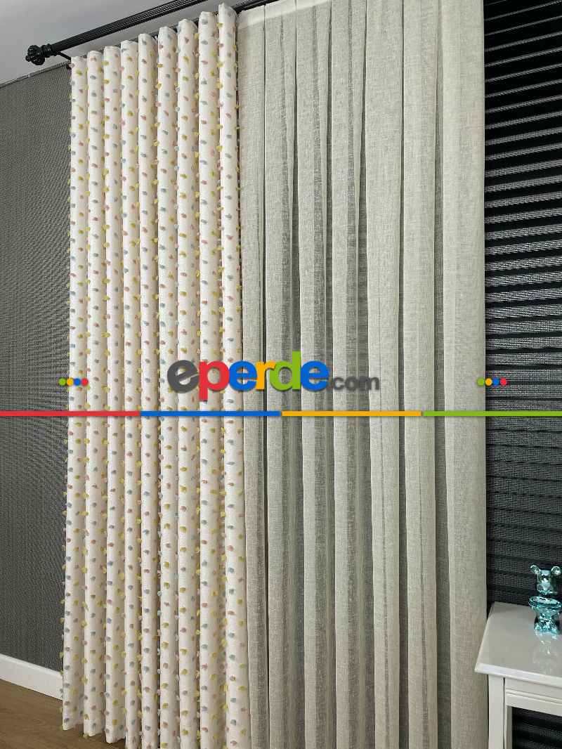 Salon - Krem Çok Renkli Ponponlu Jakar Dokuma, Premium Kalite Serisi Fon Perde