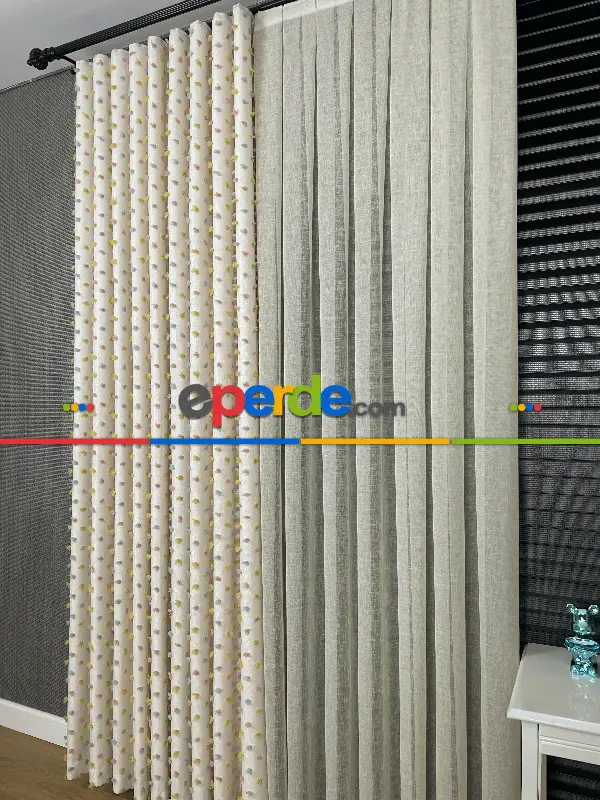 Yatak Odası - Krem Çok Renkli Ponponlu Jakar Dokuma, Premium Kalite Serisi Fon Perde