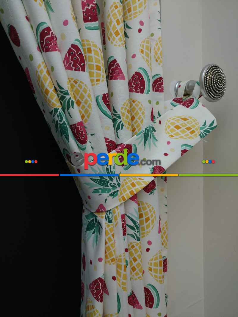 Karpuz-ananas-çilek Desenli Fon Perde (leke Tutmaz )- Kırmızı-açık Yeşil-hardal Sarısı