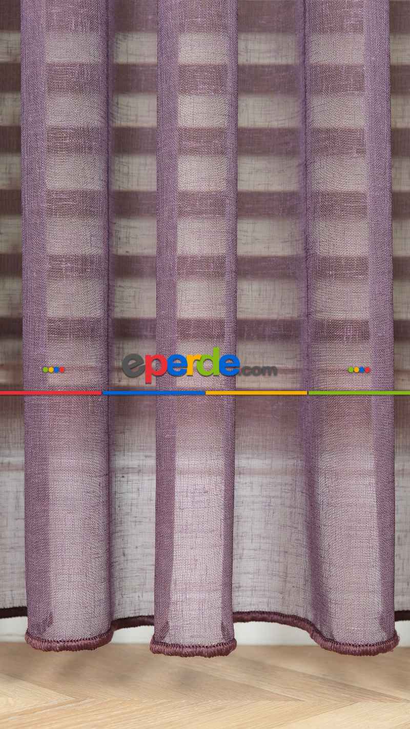 Keten Ekru Mor Degrade Geçişli Tül Perde, Ağır Gramajlı Premium Seri, Eteği Kurşunlu