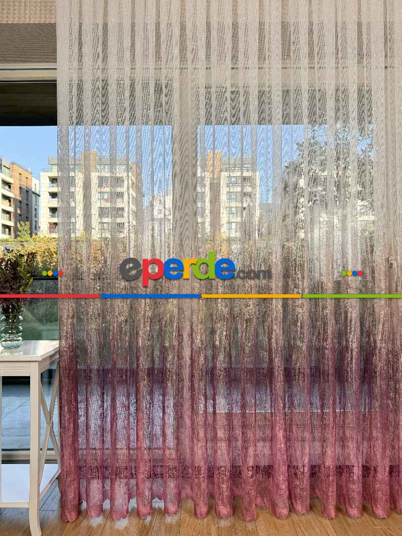 Pembe Kahverengi Degrade Geçişli Tül Perde, Fransız Örme Tül