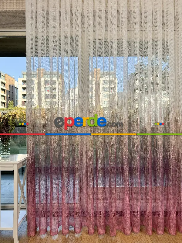 Salon - Pembe Kahverengi Degrade Geçişli Tül Perde, Fransız Örme Tül