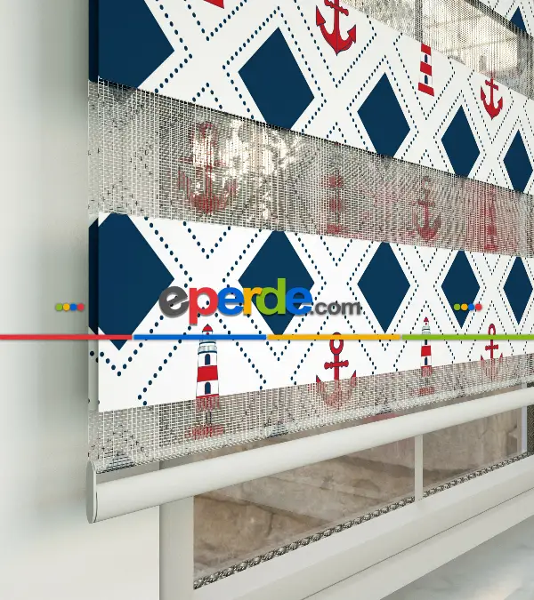 Çocuk Odası Zebra Perde - Çapa Desen Baskılı Zebra Perde- Lacivert-Kırmızı