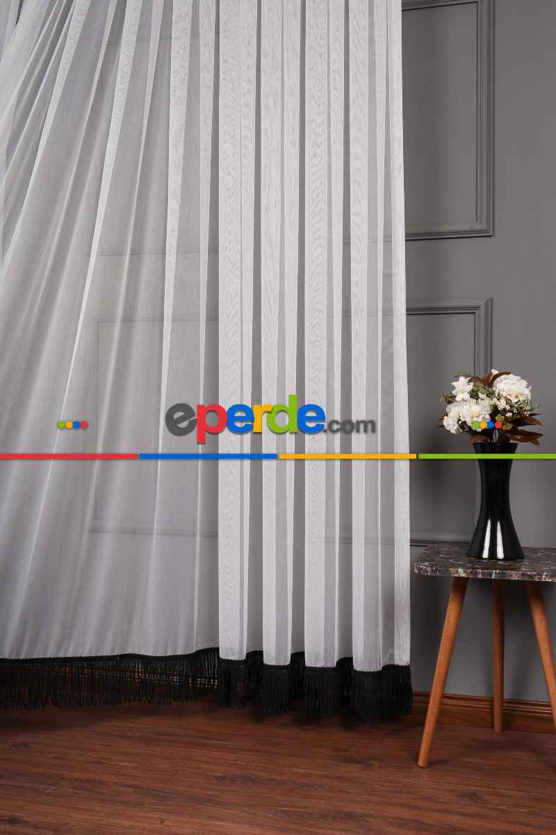 Yeni Trend Eteği Siyah Saçaklı Keten Tül Perde