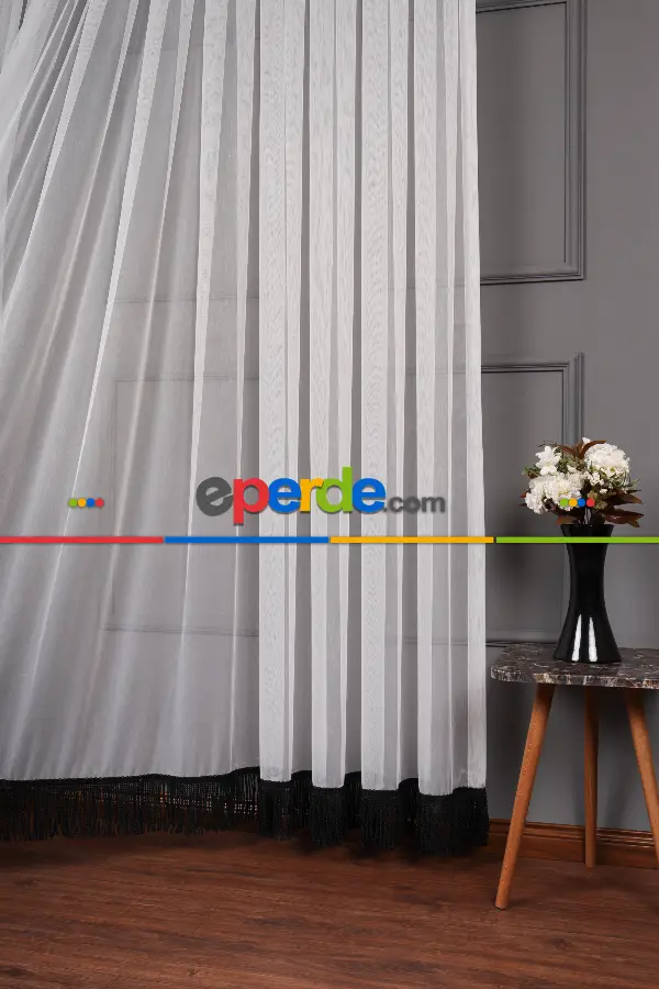 Yeni Trend Eteği Siyah Saçaklı Keten Tül Perde