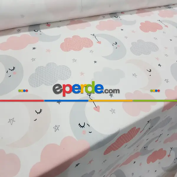 Bebek Odası Fon - Bulutlu Gece Desenli Fon Perde Evm603 Kumaşı Kalındır Duck Bezi Değildir- Gri-Füme-Antrasit-Pembe