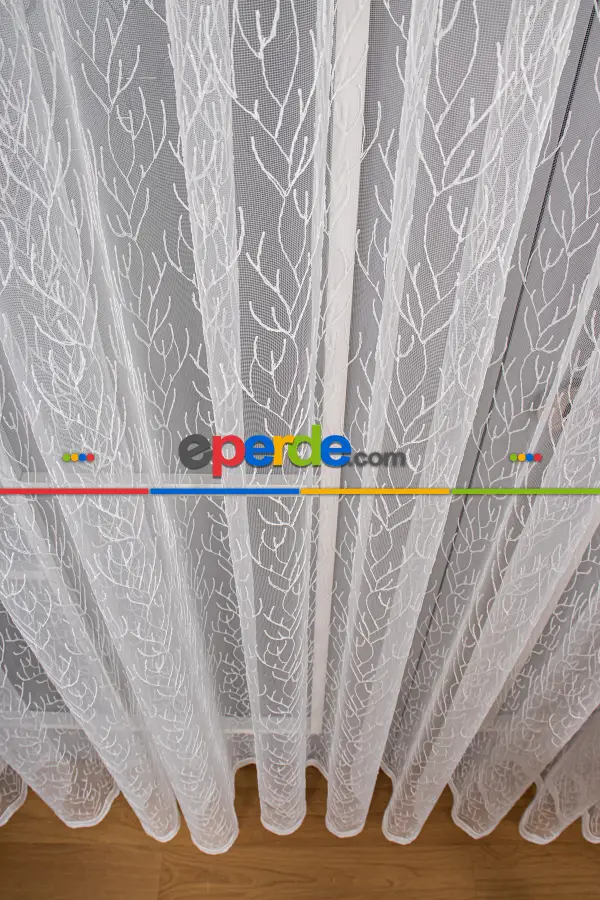 Salon - Kuru Dal Brode Tül Perde - Ekru