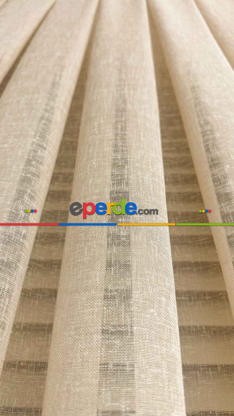 Bej Naturel Keten Düz Tül Perde, Premium Kalite Serisi, Eteği Kurşunlu - Beıge Folded Lınen