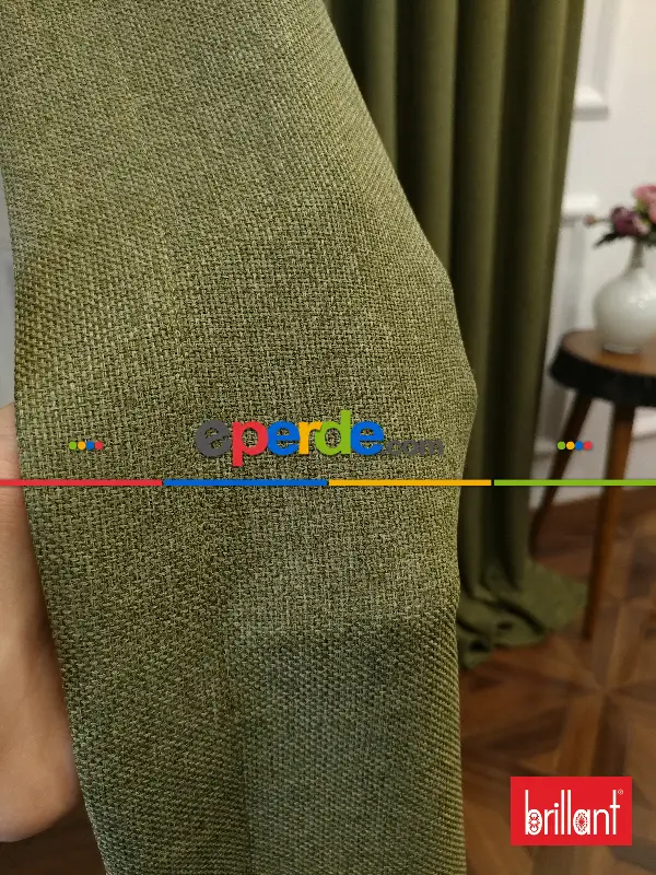 Yatak Odası - Brillant Keten Yeşil Renk Düz Fon Perde - Yeşil