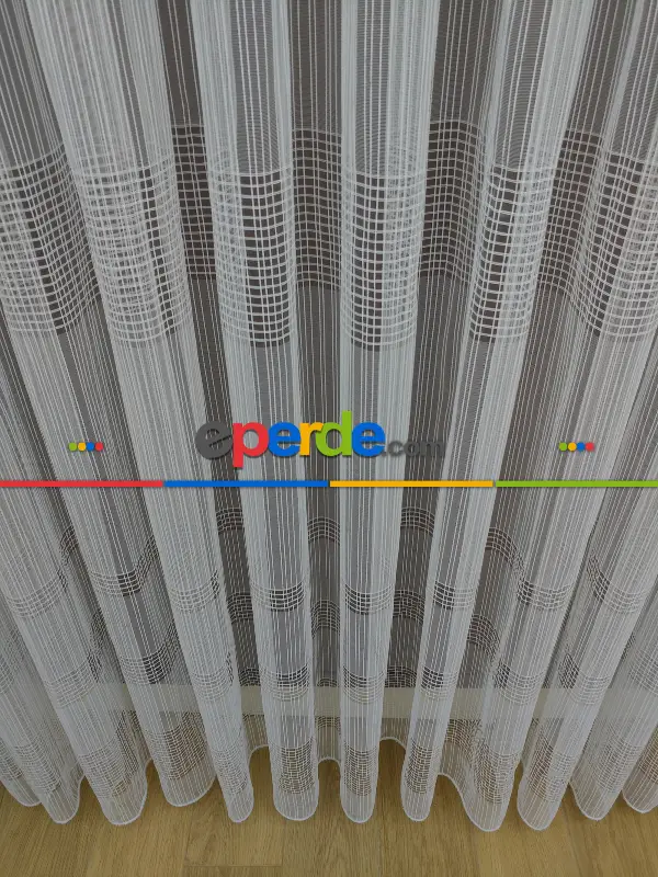 Ekru Zincir Çizgili Tül Perde- Ekru - Kurşunlu Tül