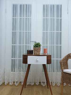 Etek Ucu Koordeneli Nakışlı Tül Perde- Ekru