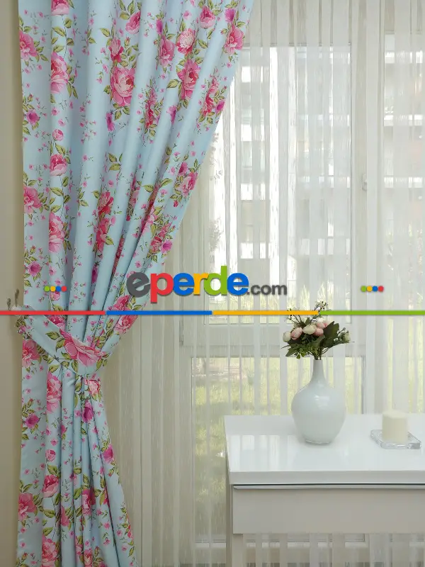 Yatak Odası - Çiçek Desenli Kaliteli Fon Perde Modelleri- Turkuaz-Pembe-Açık Yeşil