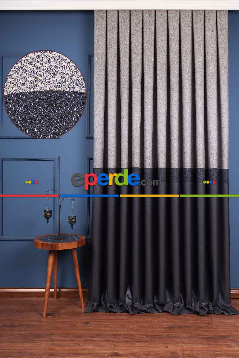 Yatak Odası Fon Perde - Vizon - Lacivert Pano Fon Perde