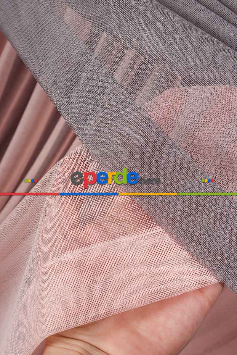 Gri - Pudra Renkli Krevize Düz Tül Perde ( Kordon Hediyeli )