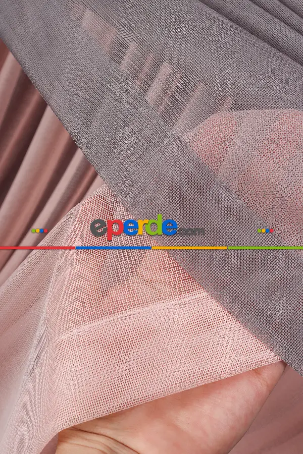 Gri - Pudra Renkli Krevize Düz Tül Perde ( Kordon Hediyeli )