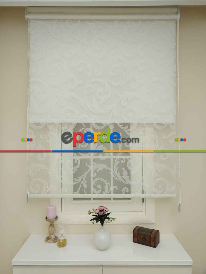 Jakar Örme Tül- Ekru Çiftli Sistem Dantel Desenli Perde- Ekru