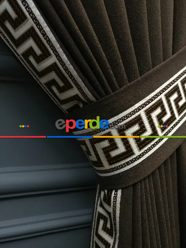 Modern Bordürlü Salon Fon Perdesi İkon 2021 Elıte- Krem Açık-kahve Venge-kahve