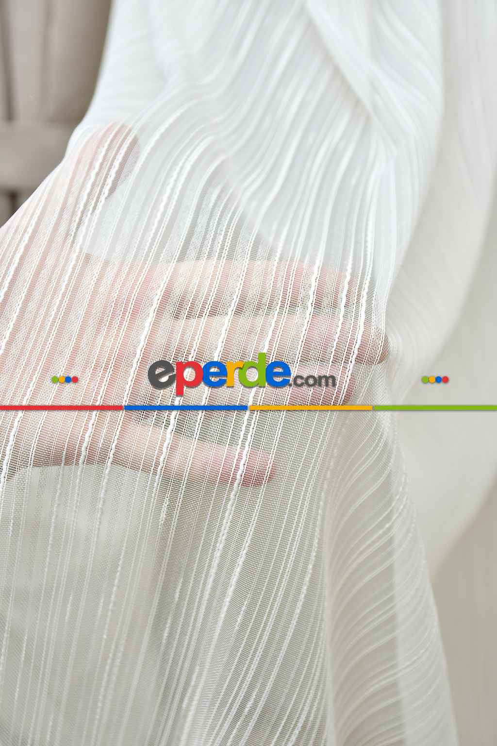 Salon Arzenen Marka Kendinden Çizgili Efekt Dokulu Şantuklu Tül Perde- Krem