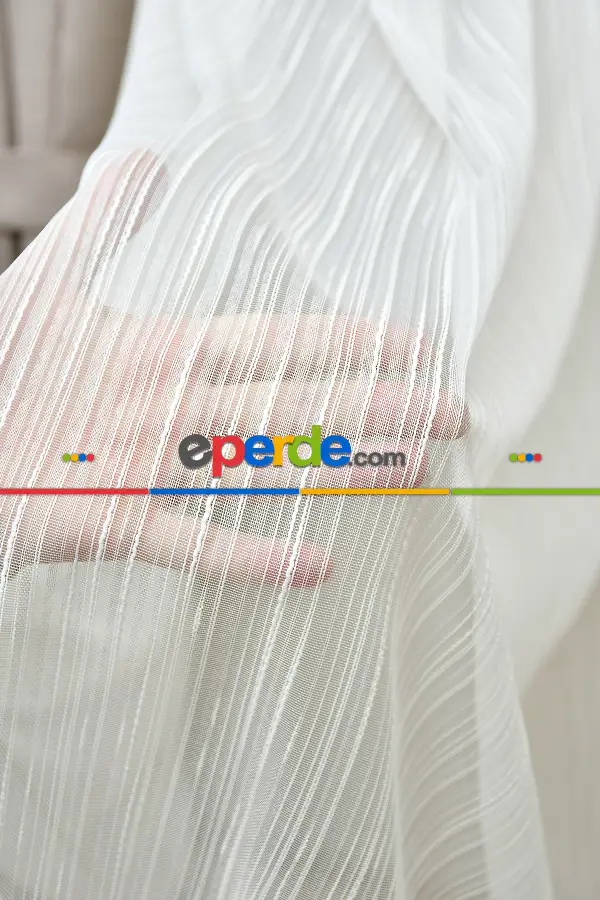 Arzenen Marka Kendinden Çizgili Efekt Dokulu Şantuklu Tül Perde- Krem - Kurşunlu Tül