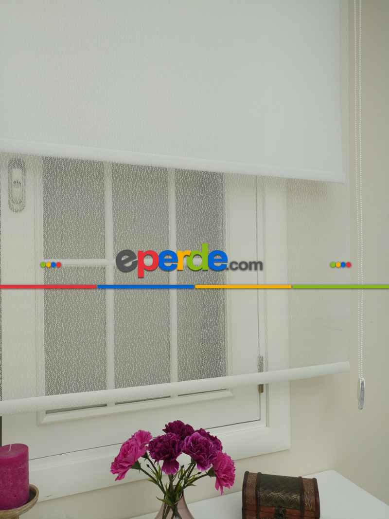 Jakar Örme Tül- Ekru Çiftli Sistem Dantel Desenli Perde- Ekru