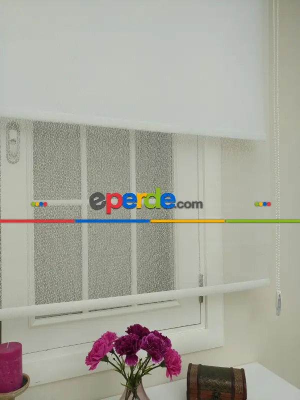 Jakar Örme Tül- Ekru Çiftli Sistem Dantel Desenli Perde- Ekru