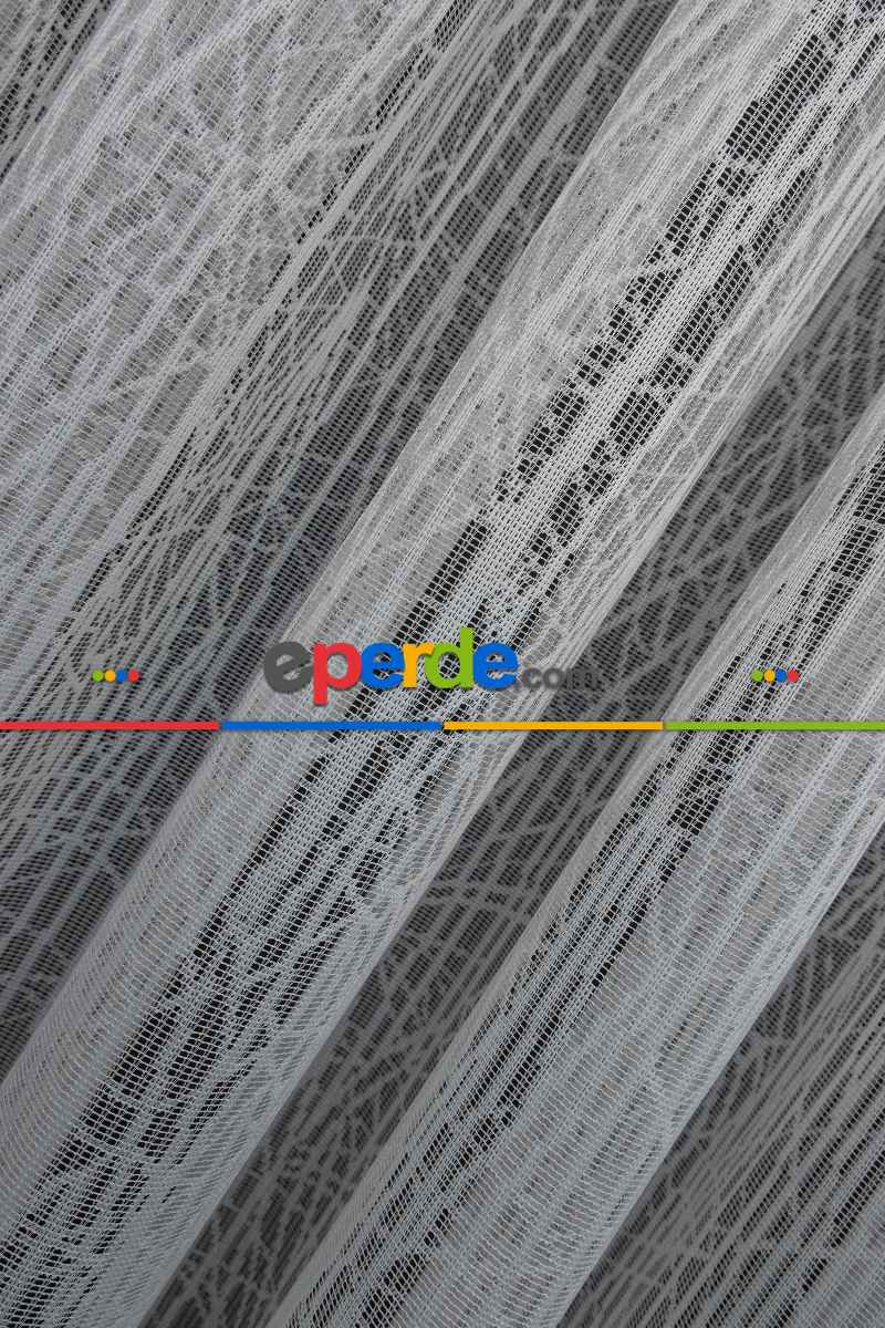 Desenli Tül Perde - Fransız Dantel Örme Tül - Geometrik Çizgili Tül - Spor Desenli Tül - Ütü İstemez- Ekru Açık Krem