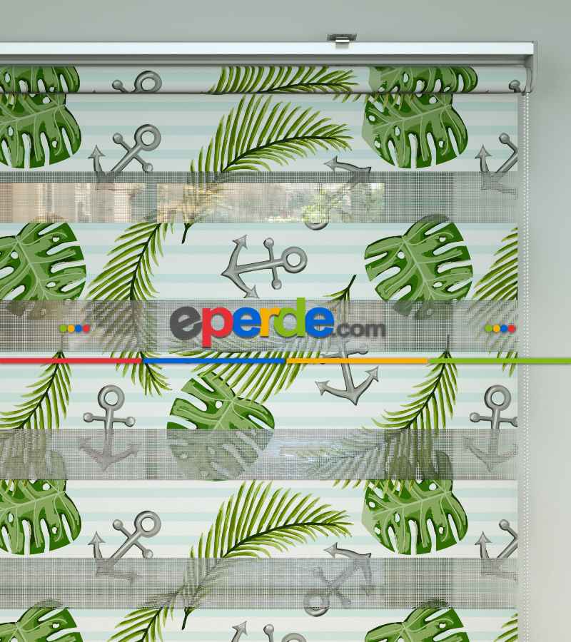 Çocuk Odası Zebra Perde - Yaprak Ve Çapa Desenli Baskılı Zebra Perde- Yeşil