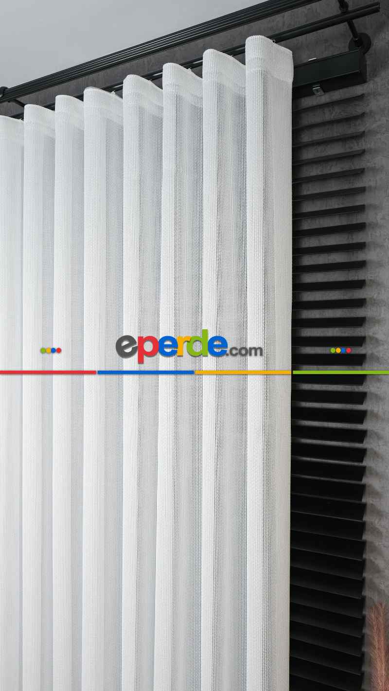 Ekru Çizgili Tül Perde, Ağır Gramajlı Premium Seri, Eteği Kurşunlu