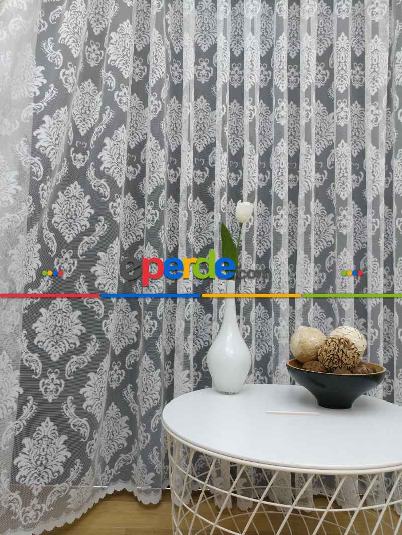 Salon Damask Desenli Örme Kdk Tül Perde %30 Ekstra İndirimli- Ekru