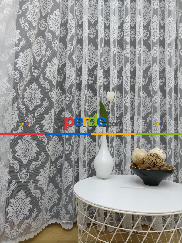 Salon Damask Desenli Örme Kdk Tül Perde %30 Ekstra İndirimli- Ekru