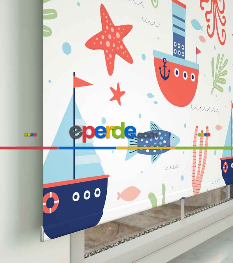 Çocuk Odası Stor Perde - Denizci Desenli Baskılı Stor Perde- Çok Renkli