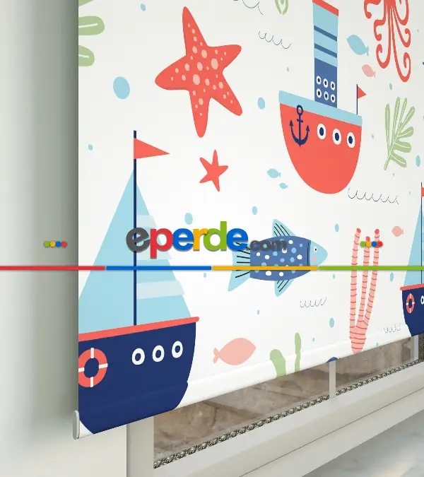 Bebek Odası - Denizci Desenli Baskılı Stor Perde- Çok Renkli
