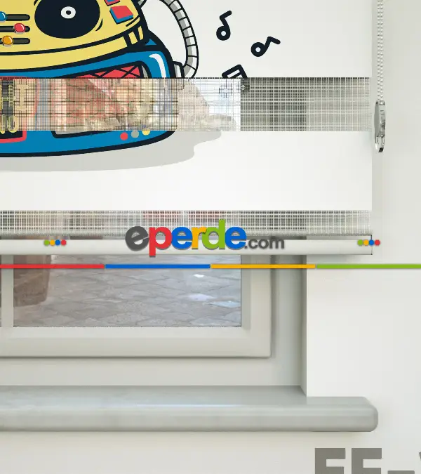 Dinazor Desenli Özel Baskılı Zebra Perde- Çok Renkli