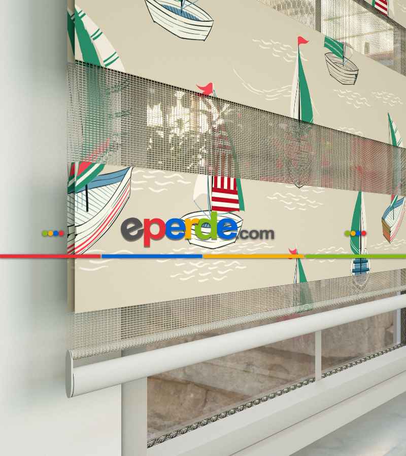 Gemi Desen Baskılı Zebra Perde- Yeşil-kırmızı-bej