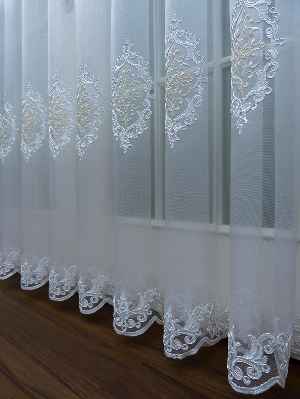 Damask Desen Nakış İşlemeli Tül Perde- Krem-Ekru