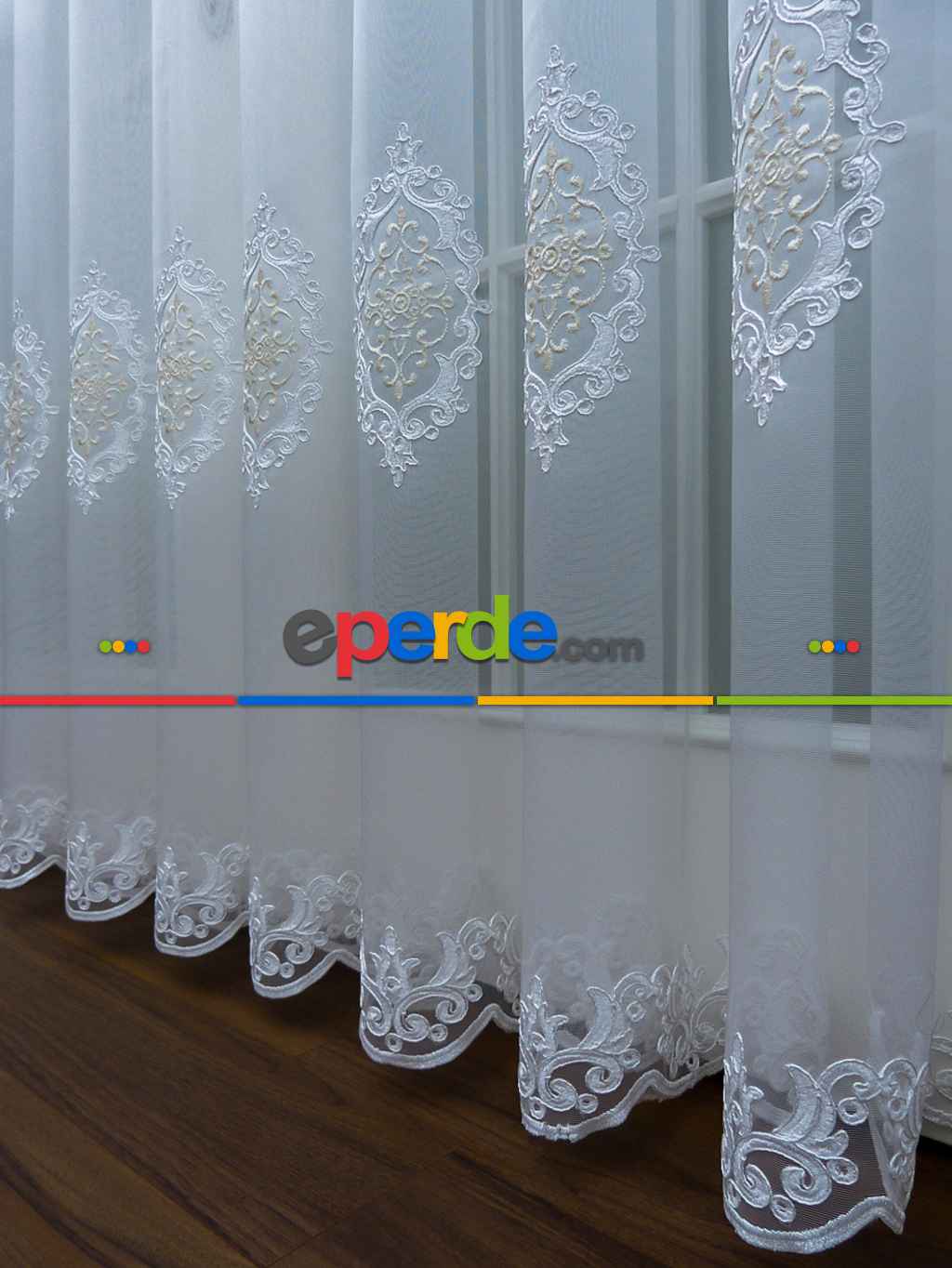 Damask Desen Nakış İşlemeli Tül Perde- Krem-Ekru