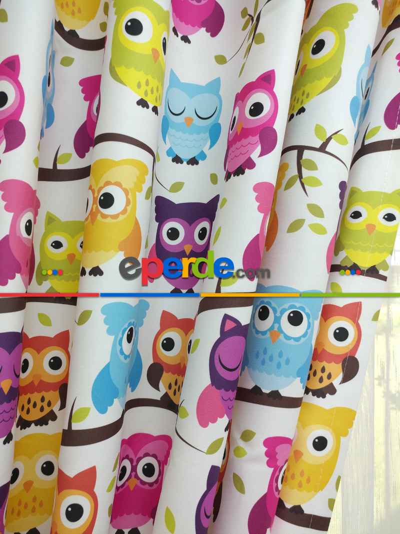 Baykuş Desenli Bebek Ve Çocuk Odası Fon Perde Modelleri- Mavi-Beyaz-Mor