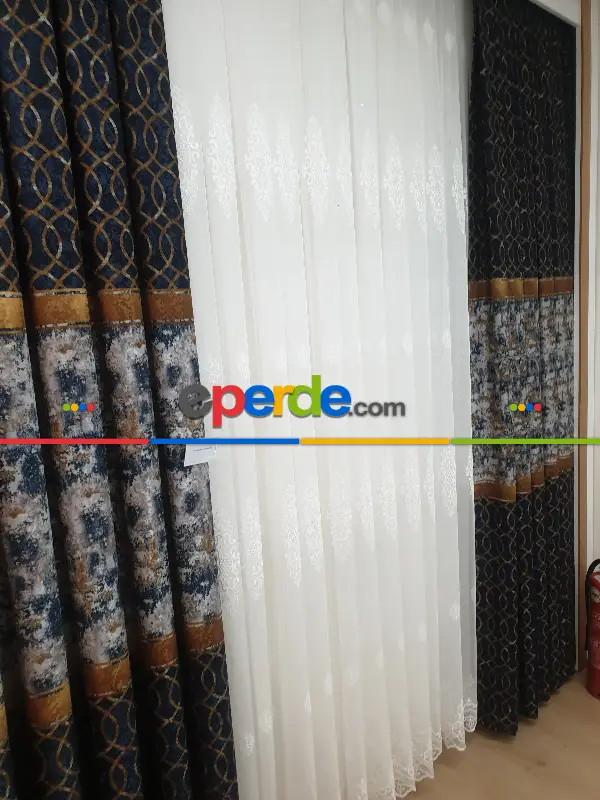 Yatak Odası - Brillant Fon Perde Fon Perde Yeni Moda Model Lacivert Renk Tasarım Yan Perde