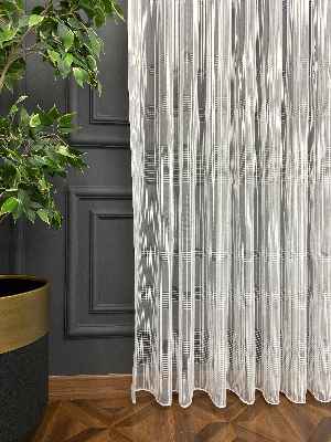 Mutfak - Zincir Çizgili Tül Perde Ekru Renk Kırık Beyaz- Ekru