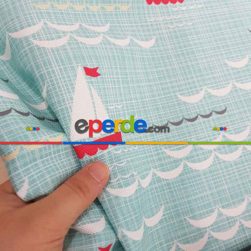 Bebek Odası Fon - Marine Kayık Desenli Fon Perde Evm670 Kumaşı Kalındır Duck Bezi Değildir- Mavi